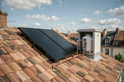 Chauffe-eau solaire de 50 litres installé sur un toit de maison individuelle en France