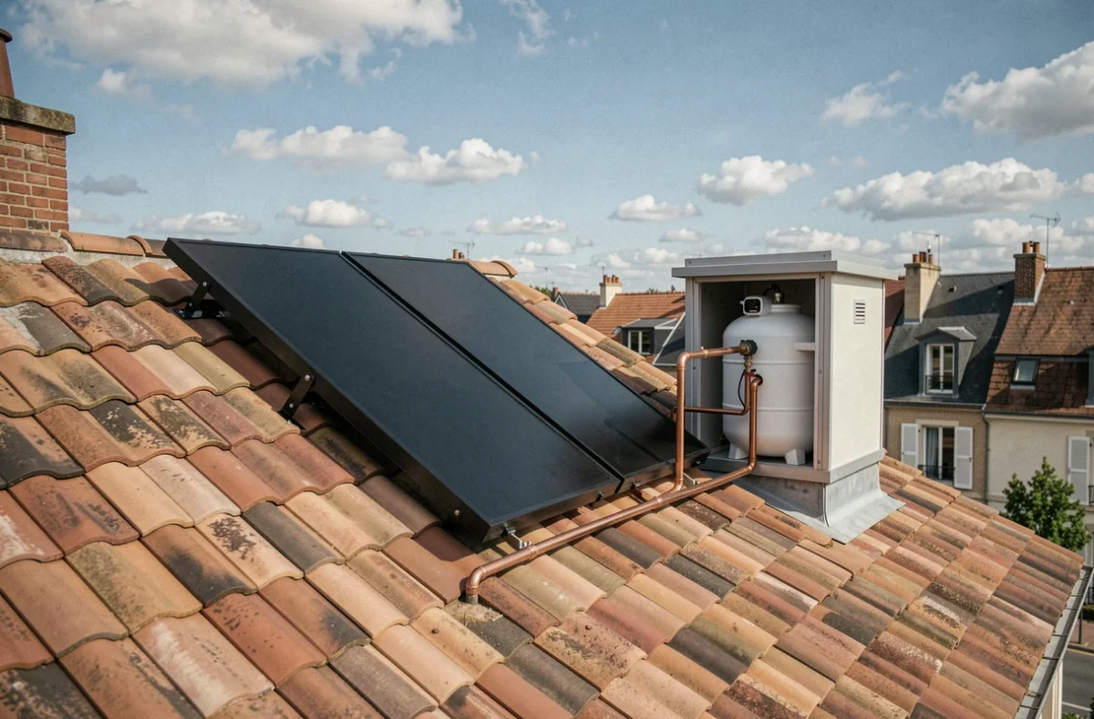 Chauffe-eau solaire de 50 litres installé sur un toit de maison individuelle en France