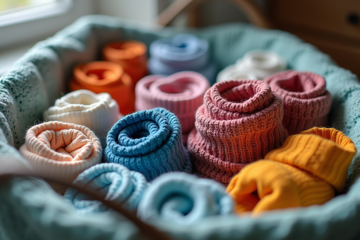 Chaussettes colorées et roulées dans un panier à linge