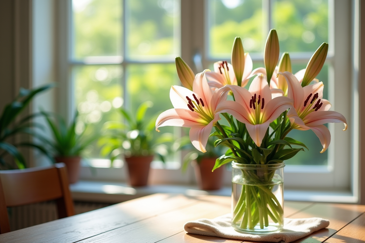 Gros plan sur des lys en différentes phases de floraison dans un vase