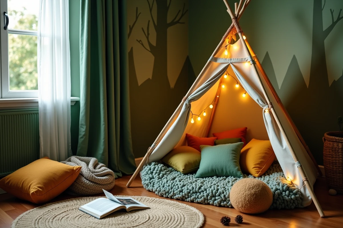 Coin lecture tipi dans une chambre garçon thème forêt avec coussins verts et décoration naturelle