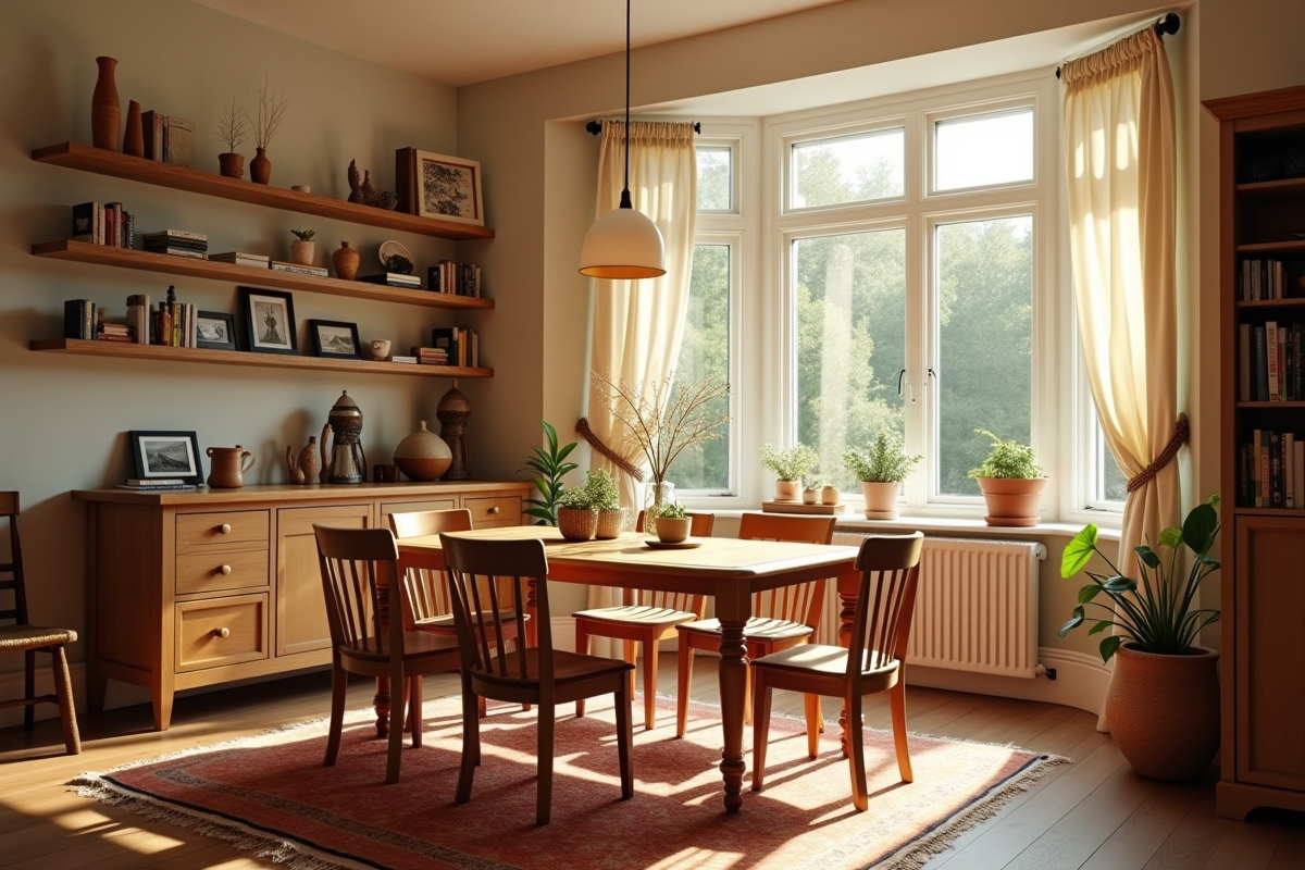 Coin repas familial chaleureux avec table en bois et lumière