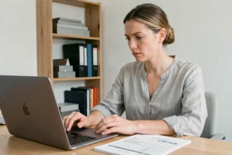 Femme vérifiant les spécifications d'une commande de fer plaque en ligne sur un ordinateur portable dans un bureau à domicile