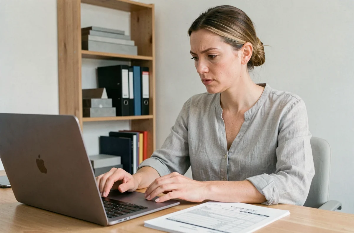 Femme vérifiant les spécifications d'une commande de fer plaque en ligne sur un ordinateur portable dans un bureau à domicile