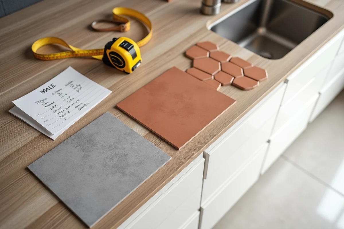 Comparaison d'échantillons de carrelage pour cuisine avec note de prix et mètre ruban