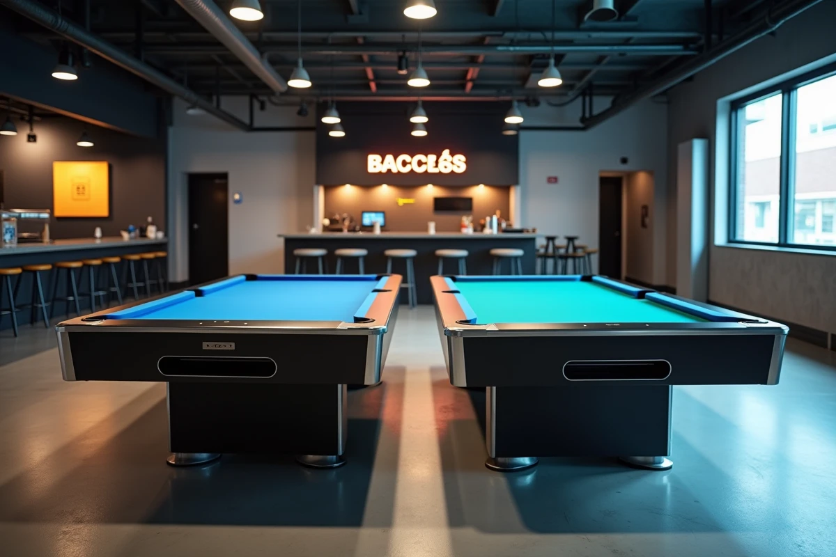 Comparaison côte à côte de deux billards américains de formats différents dans une salle de billard commerciale