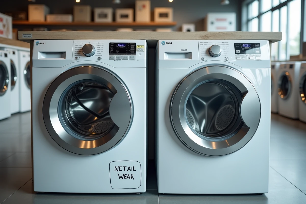 Comparaison entre deux lave-linges en magasin, l'un usé et défaillant, l'autre neuf et fonctionnel