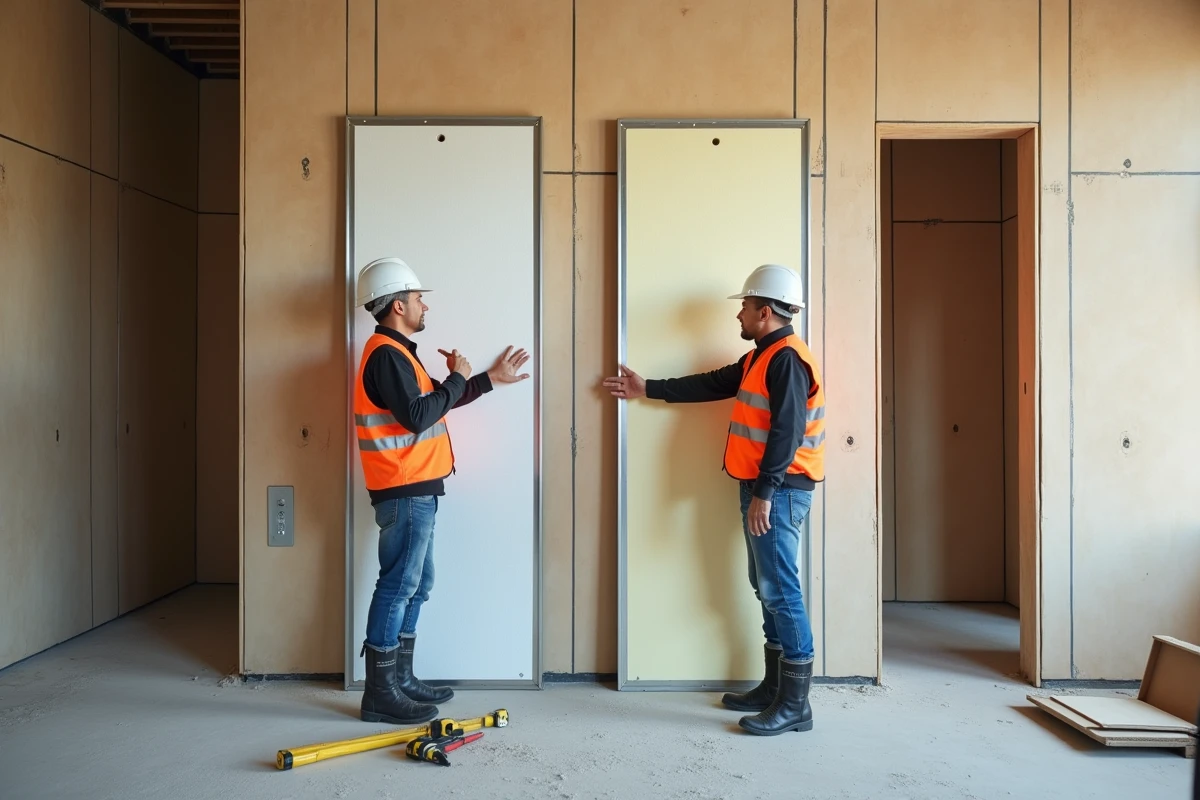 Deux ouvriers comparant les méthodes de pose collée et sur ossature de plaques d'isolation thermique sur chantier