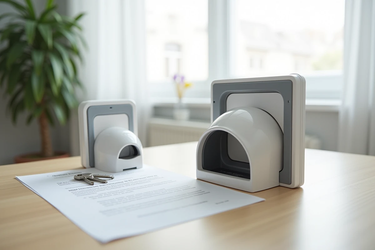 Comparaison de deux modèles de chatières amovibles pour porte-fenêtre posées sur une table, à côté d'un contrat de bail, pour aider au choix en location