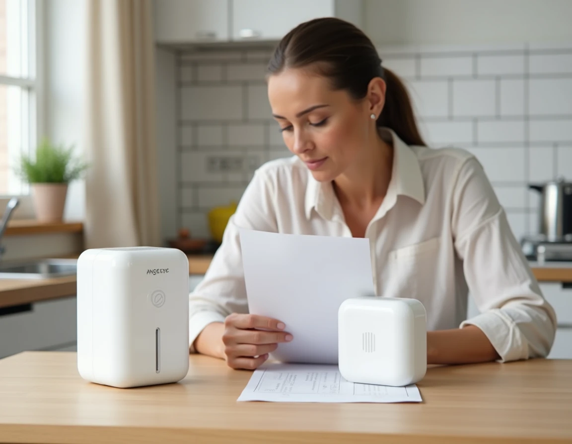 Femme comparant deux modèles de détecteurs Angeleye posés sur une table en bois dans une cuisine moderne