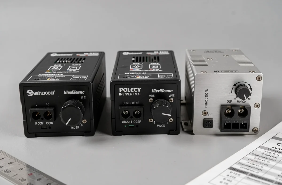 Comparaison de trois modèles d'inverseurs de polarité électromagnétiques posés sur une surface grise pour un test comparatif