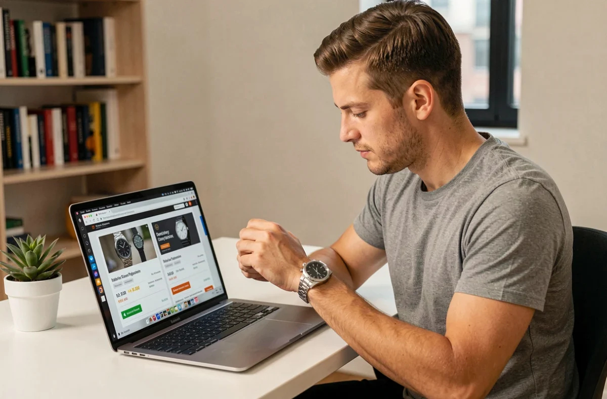 Homme comparant les prix de changement de pile de montre en ligne sur un ordinateur portable à domicile