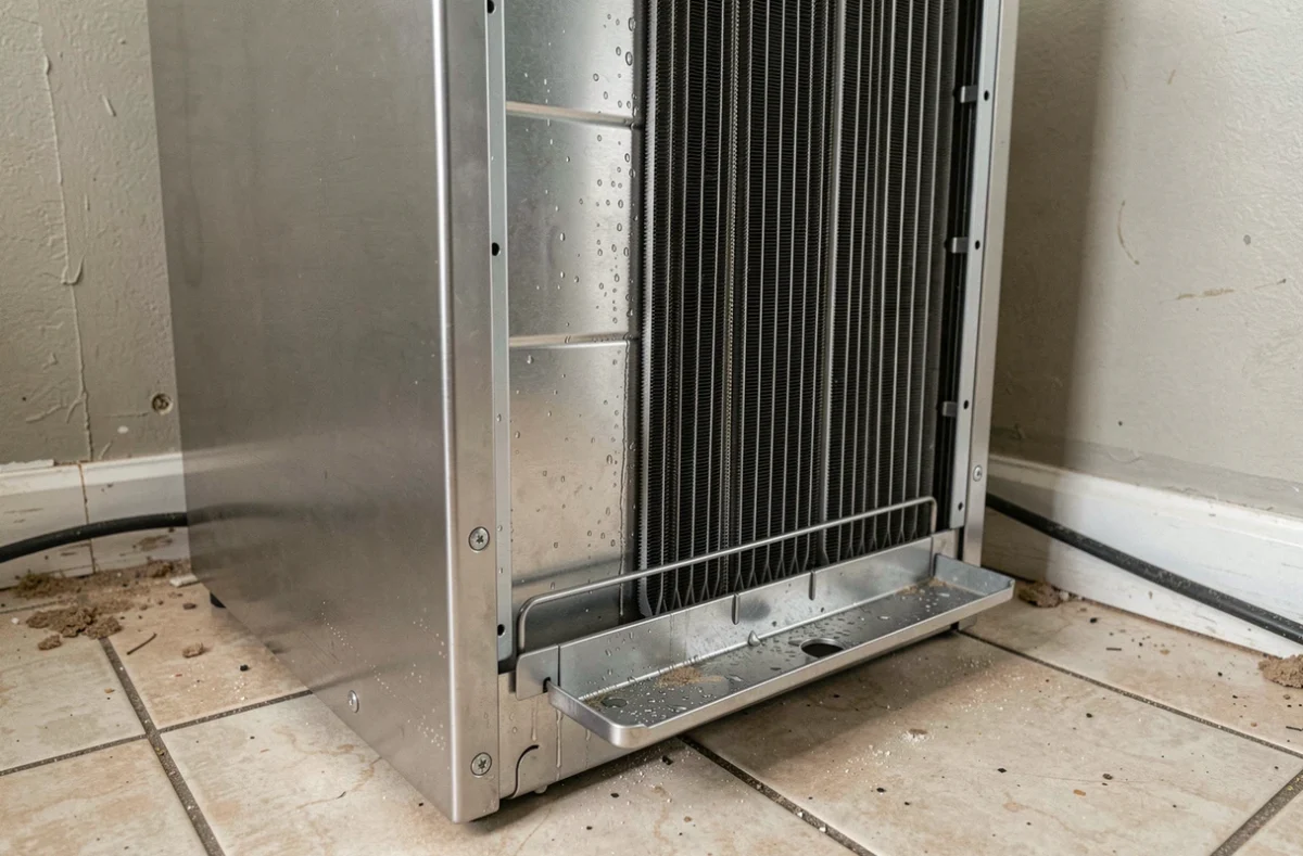 Panneau arrière d'un réfrigérateur avec condensation et serpentin visible lors d'une inspection
