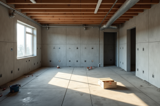 Sous-sol en construction avec béton et tuyaux apparents