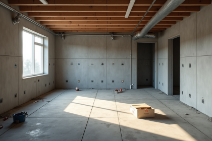 Sous-sol en construction avec béton et tuyaux apparents