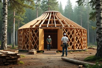 Construction d'une yourte en bois dans une clairière forestière avec charpente en lattis visible et deux artisans au travail