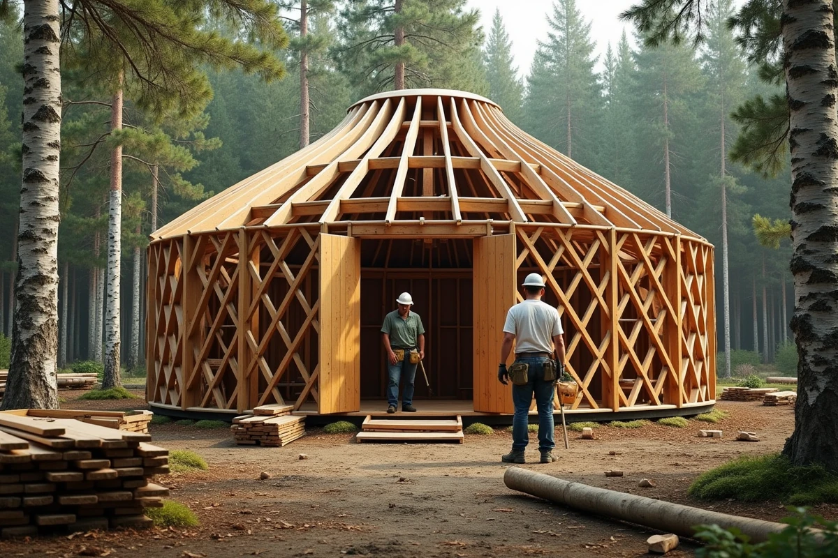 Construction d'une yourte en bois dans une clairière forestière avec charpente en lattis visible et deux artisans au travail