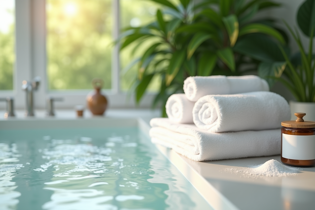 Contenant de bicarbonate avec serviettes blanches et spa moderne
