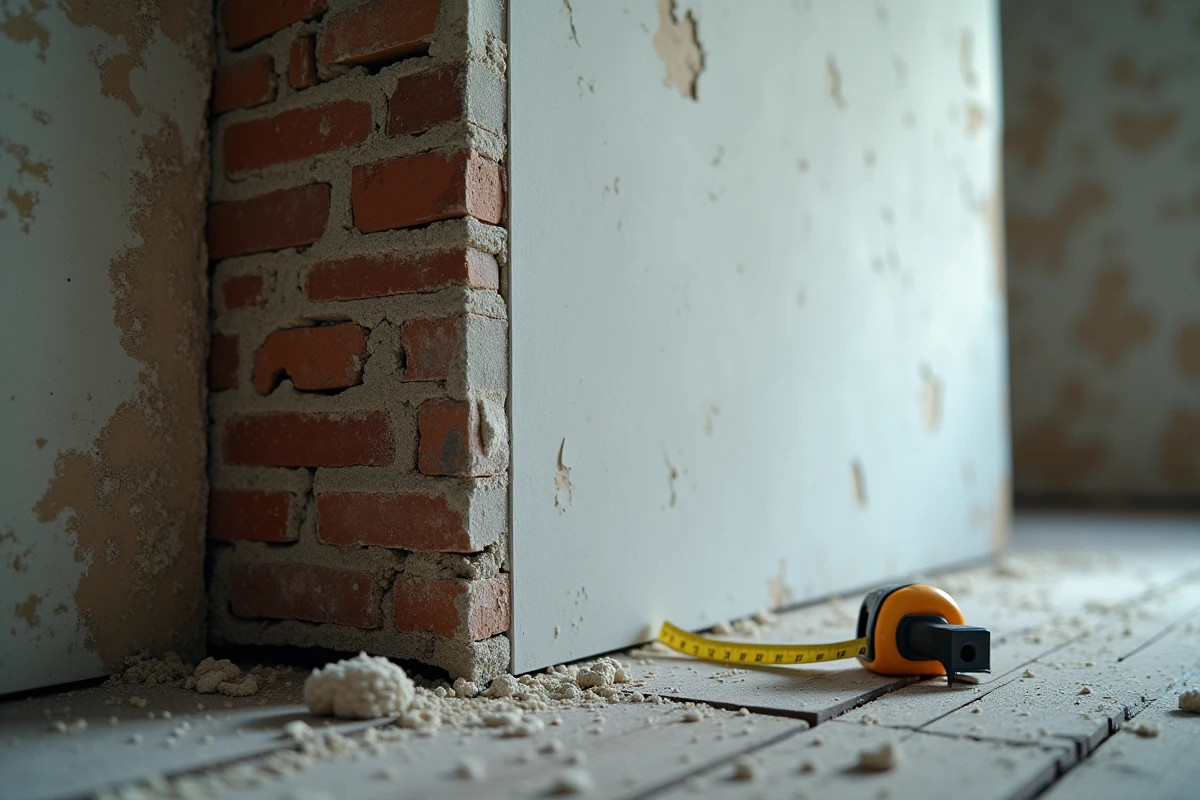 Coupe transversale d'un mur ancien avec isolation thermique en placo collé sur brique, vue détaillée des couches