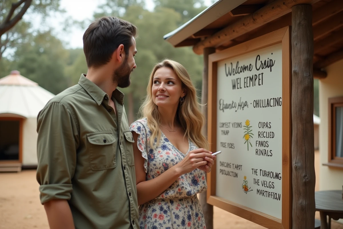 Couple consultant le panneau d'accueil d'un camping de yourtes en plein air, avec plusieurs hébergements visibles en arrière-plan