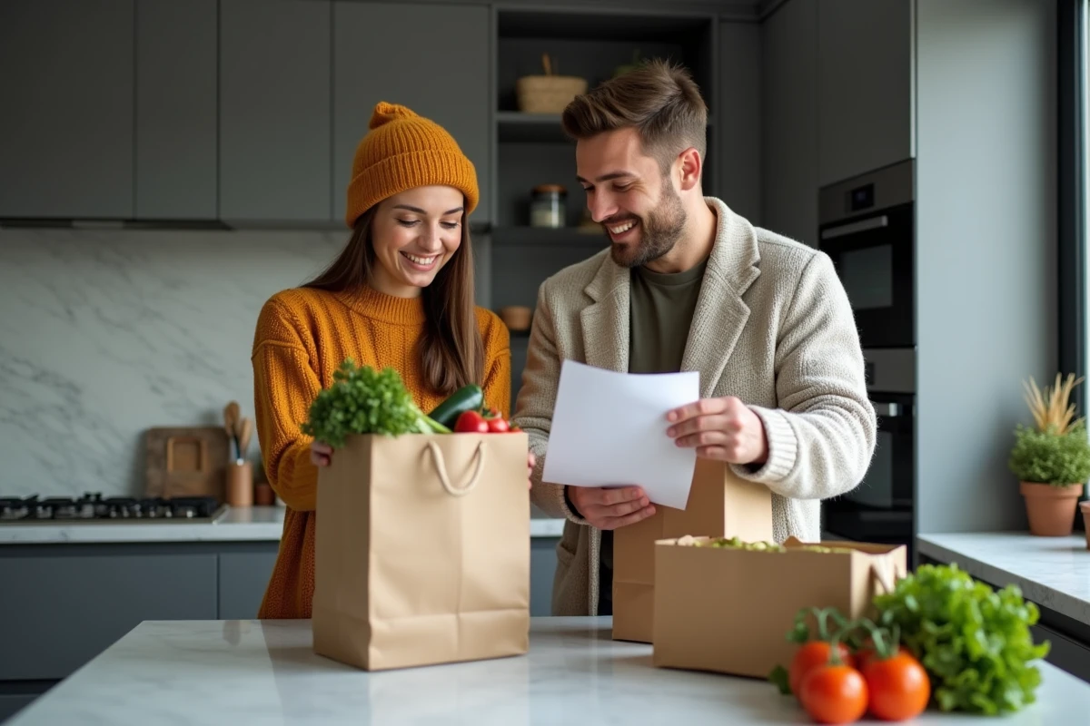Couple déballant leurs courses Carrefour livrées et vérifiant les promotions reçues dans leur cuisine