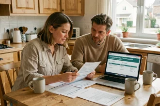 Couple examinant leur déclaration fiscale commune à la table de cuisine, documents et ordinateur portable ouverts sur le formulaire de déclaration 2026