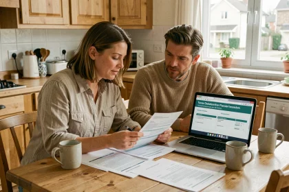 Couple examinant leur déclaration fiscale commune à la table de cuisine, documents et ordinateur portable ouverts sur le formulaire de déclaration 2026