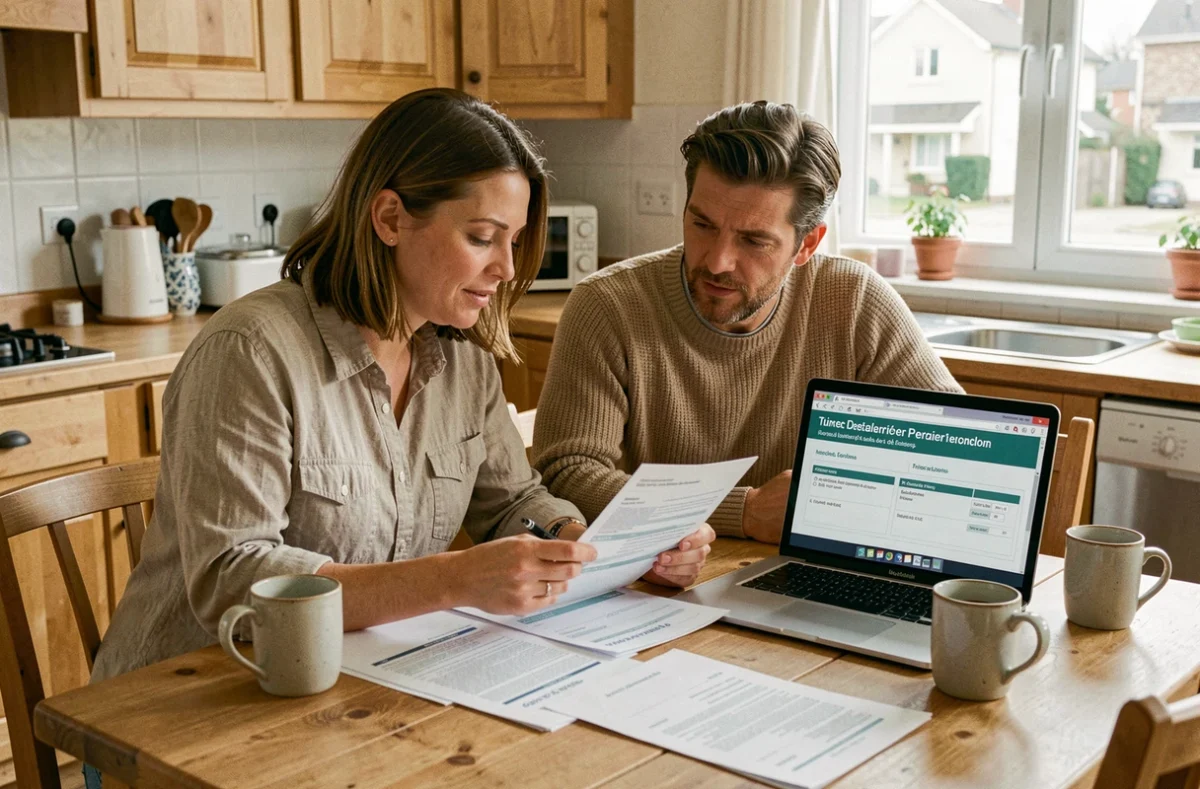 Couple examinant leur déclaration fiscale commune à la table de cuisine, documents et ordinateur portable ouverts sur le formulaire de déclaration 2026
