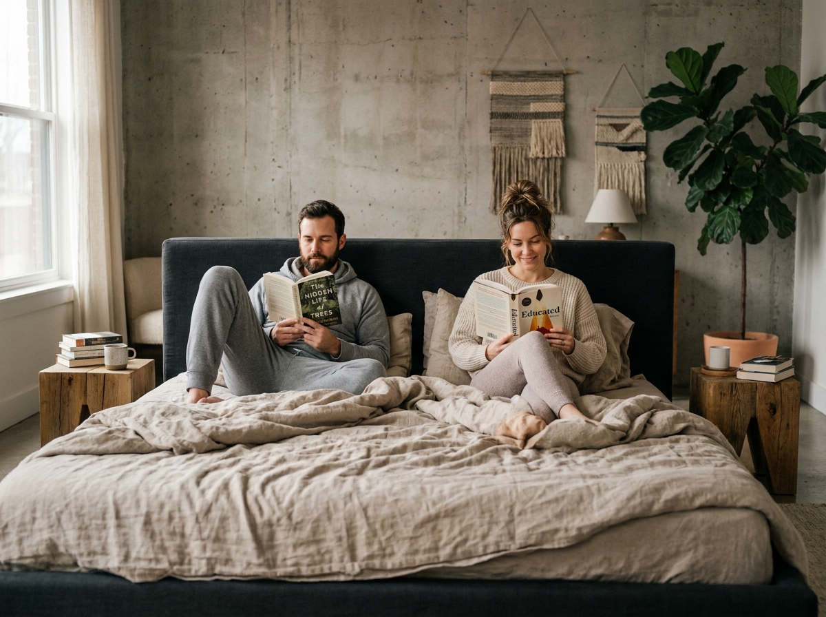 Couple se reposant chacun de son côté d'un lit king size 240x240 cm avec espace personnel confortable dans une chambre industrielle moderne