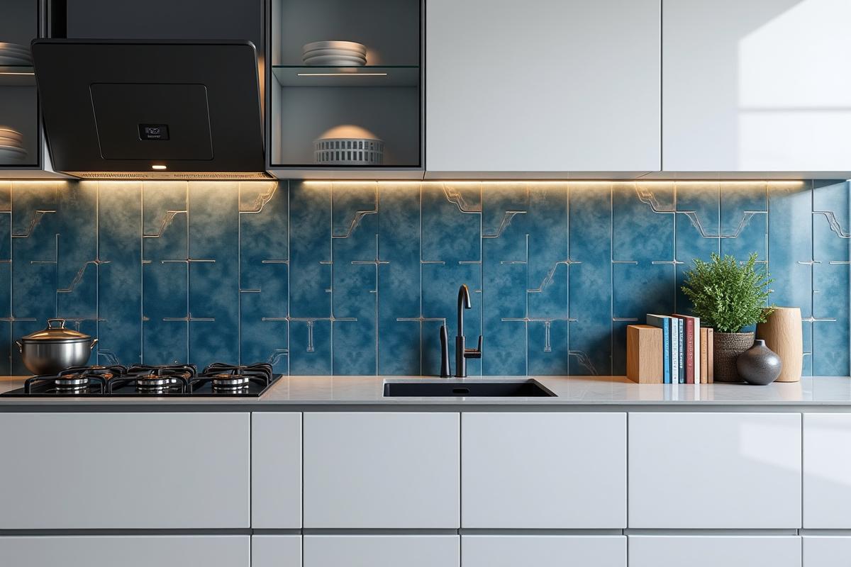 Cuisine urbaine avec crédence en céramique bleue géométrique
