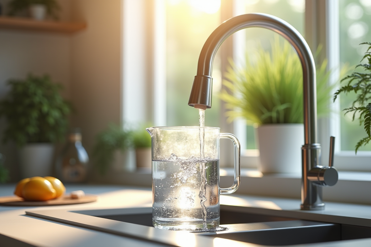 Cuisine moderne avec carafe d'eau et robinet haut de gamme