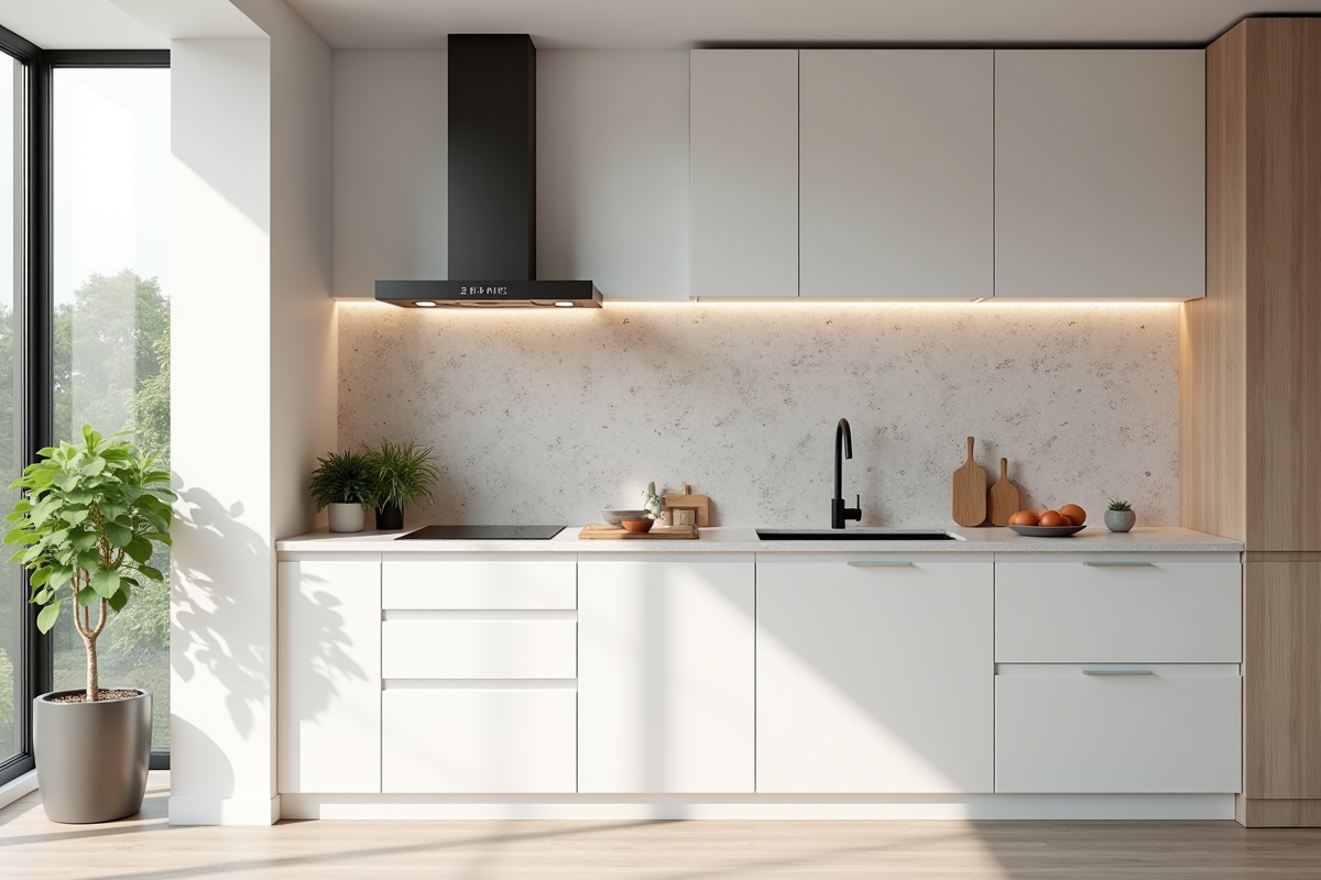 Cuisine moderne avec crédence en terrazzo pastel et lumière naturelle