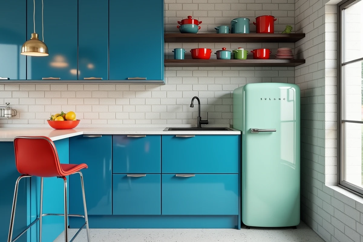 Cuisine pop design avec façades bleu cobalt, réfrigérateur rétro vert menthe et tabouret de bar en vinyle rouge sur carrelage effet brique