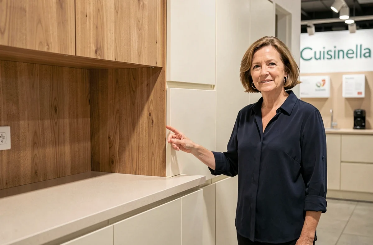 Conseillère Cuisinella Bordeaux présentant un modèle de cuisine en bois clair avec façades crème sans poignées