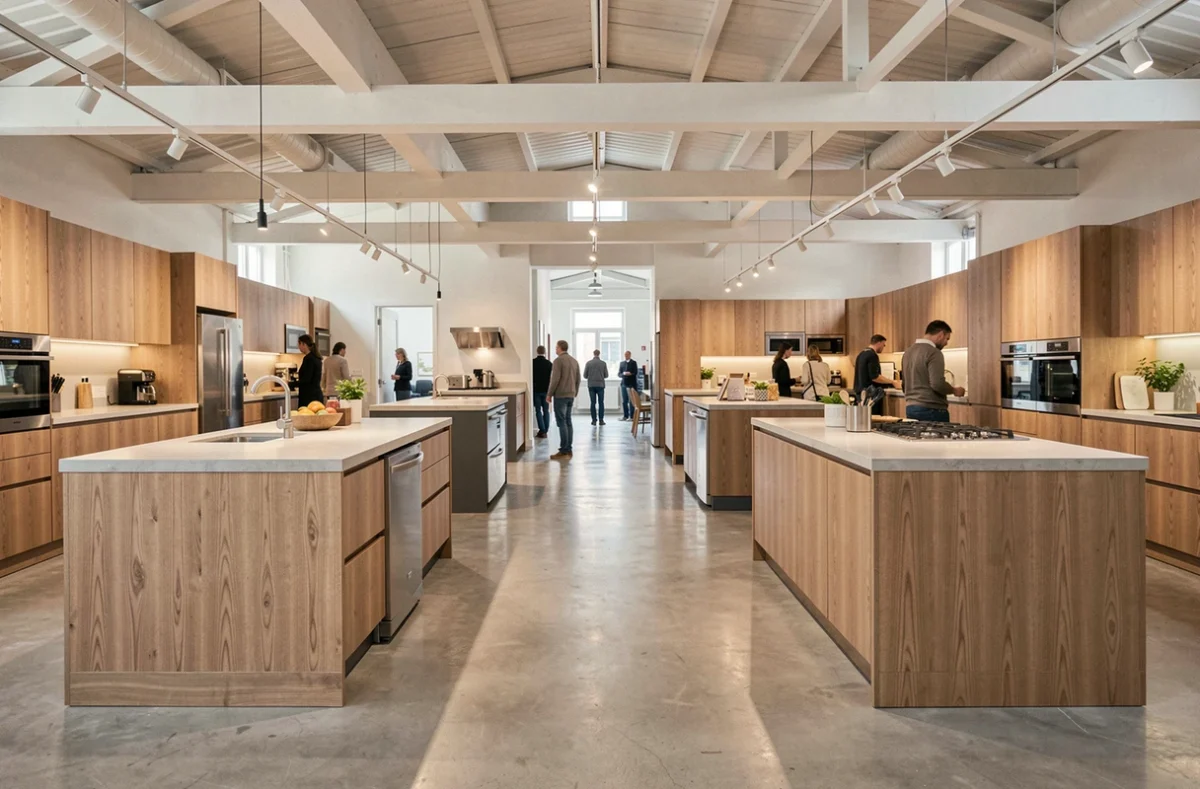 Vue panoramique d'un showroom de cuisinistes à Bordeaux avec plusieurs modèles de cuisines exposés