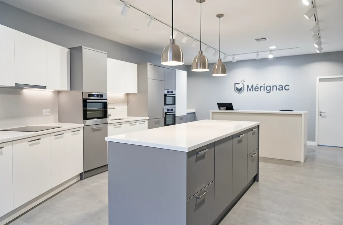 Showroom Cuizineo à Mérignac avec expositions de cuisines modernes en blanc et gris clair