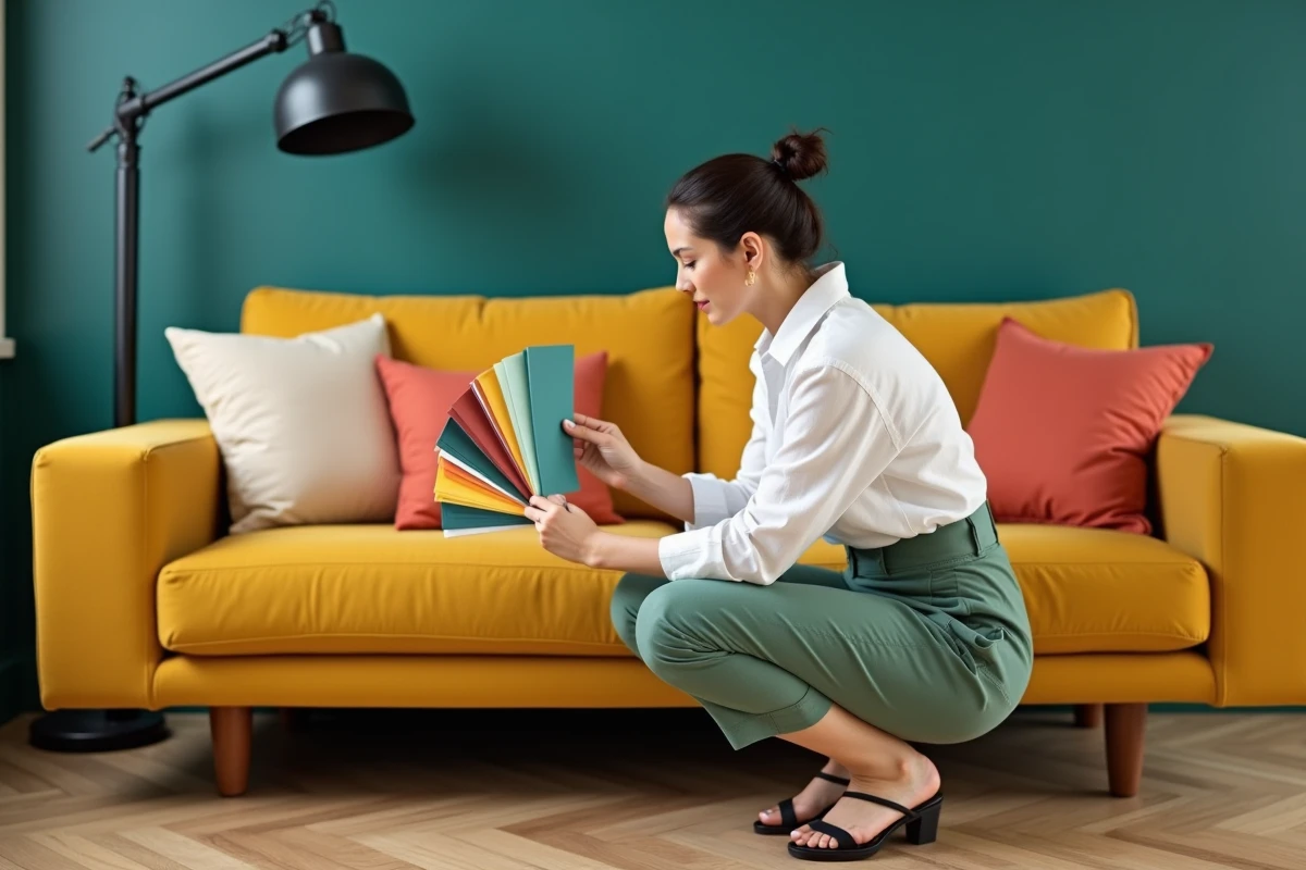 Femme décoratrice tenant des échantillons de couleurs devant un canapé modulable jaune moutarde dans un salon au design pop coloré
