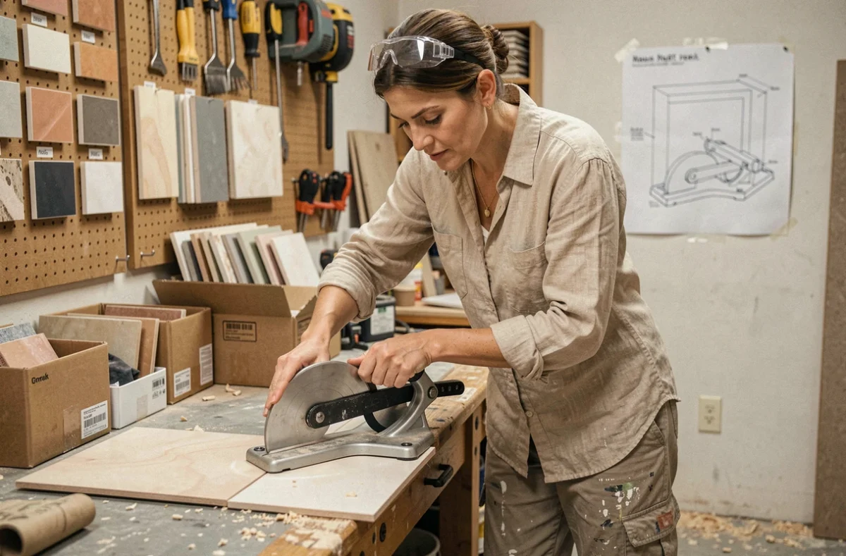 Femme coupant un carrelage en diagonale avec une coupe-carreaux manuelle pour réaliser un motif en chevron