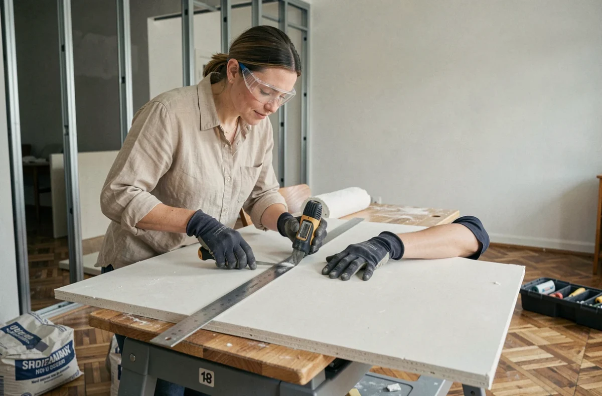 Femme découpant une plaque de plâtre au cutter sur un chantier de cloison dans un salon