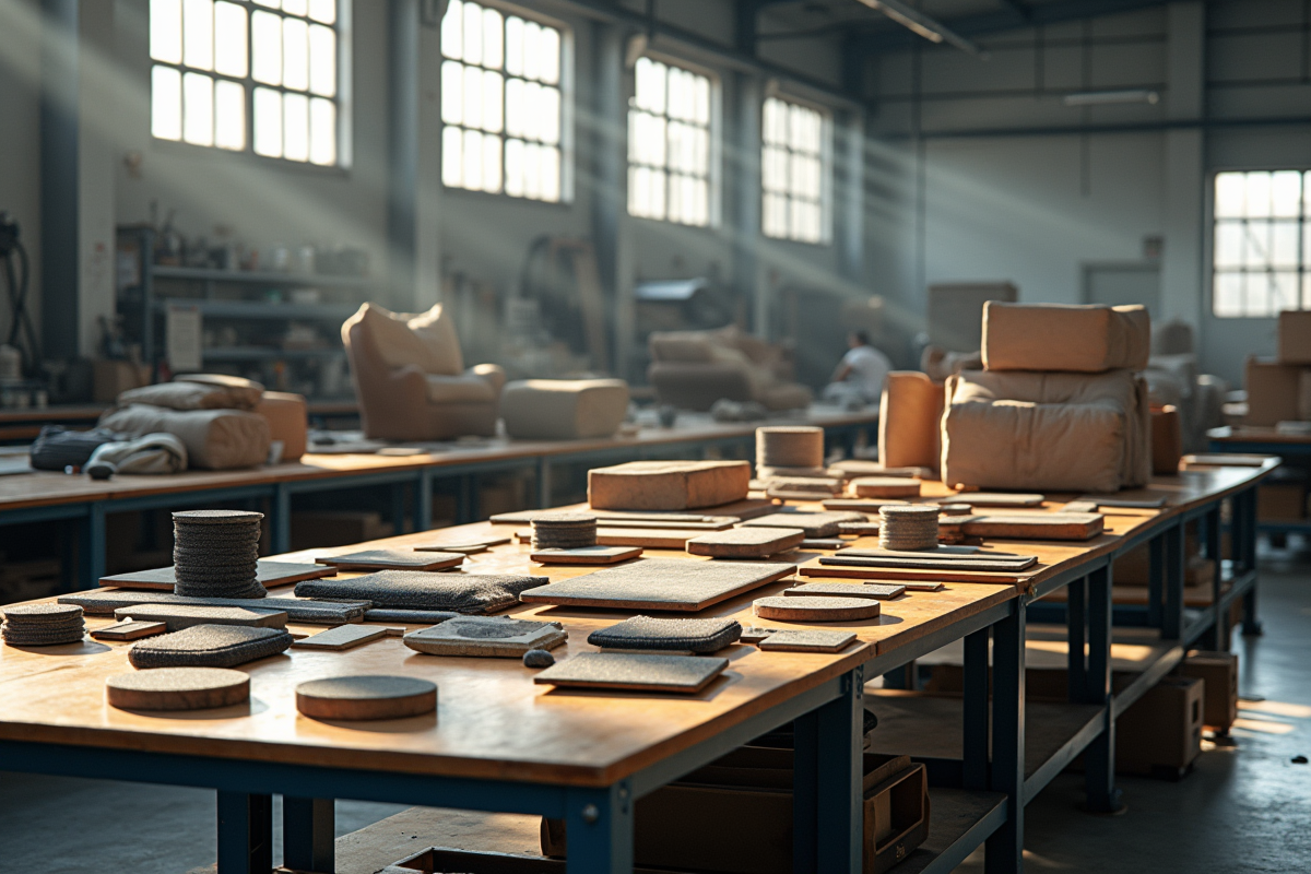 Pièces de canapé démontées triées sur une table propre dans une usine de recyclage