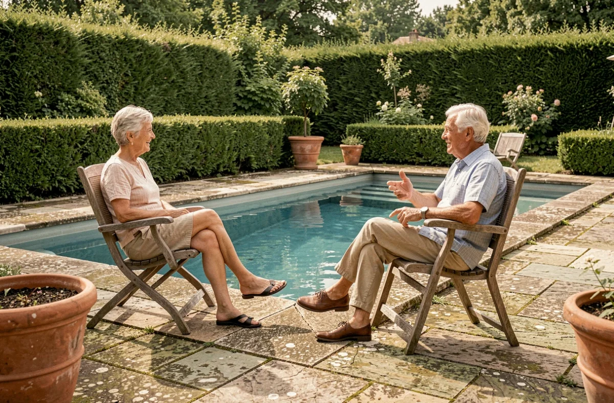 Couple de retraités profitant de leur piscine Desjoyaux dans un jardin mature en Auvergne-Rhône-Alpes