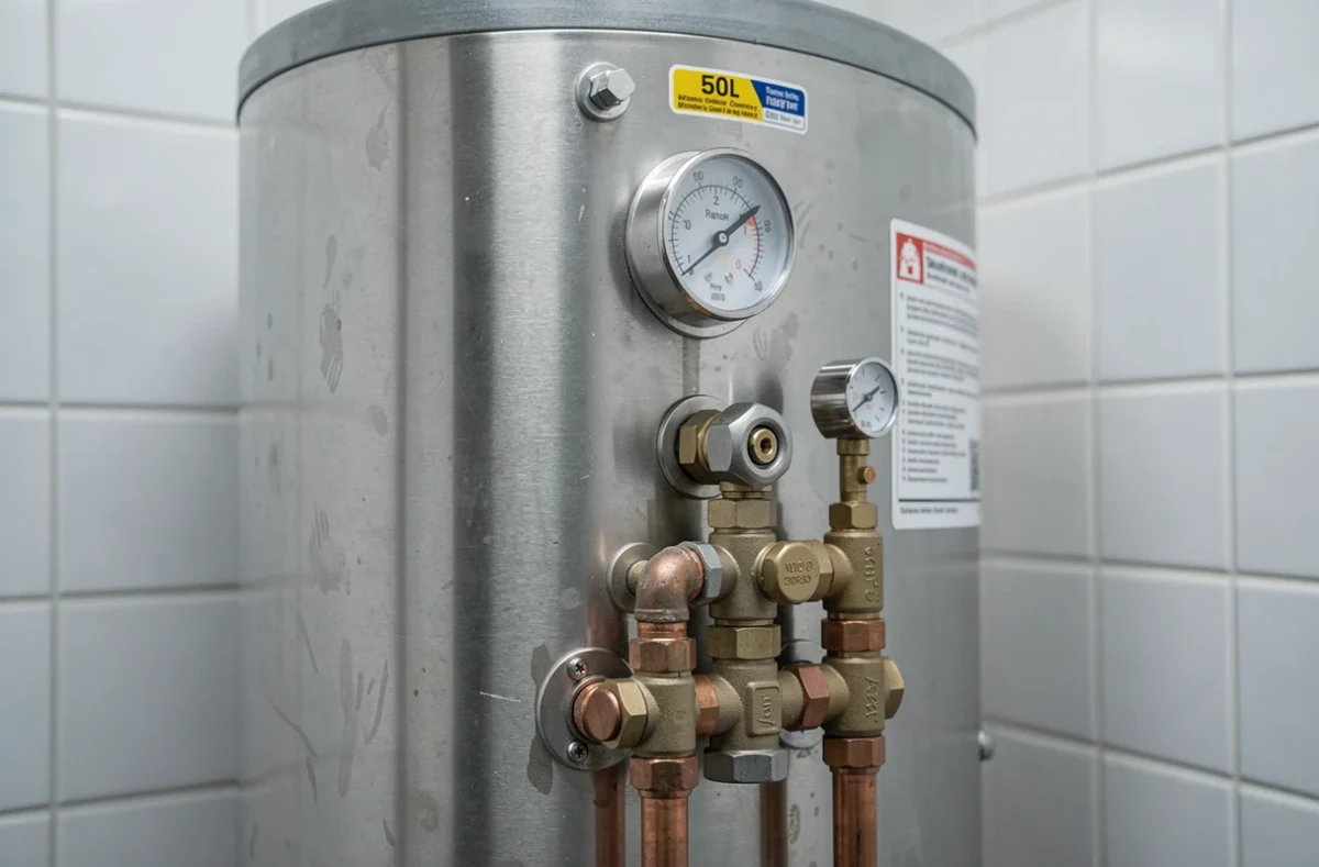 Détail du ballon et des raccords d'un chauffe-eau solaire 50 litres en gros plan