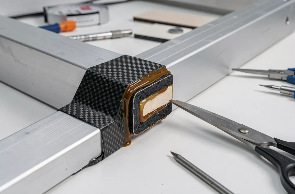 Détail d'un joint de plaquage fibre composite multi-plis en résine époxy sur cadre aluminium en laboratoire