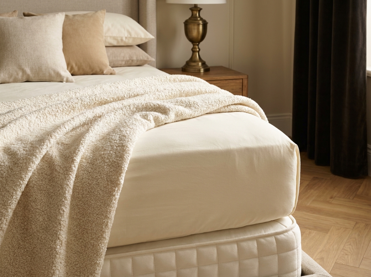 Détail des couches de literie d'un lit king size 240x240 cm avec jeté en boucle, oreillers ivoire et drap housse sur matelas épais dans une chambre élégante