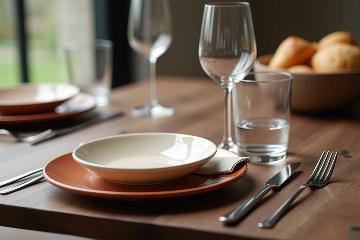 Gros plan sur deux couverts de table à domicile montrant le positionnement des verres à eau en haut à droite de chaque assiette