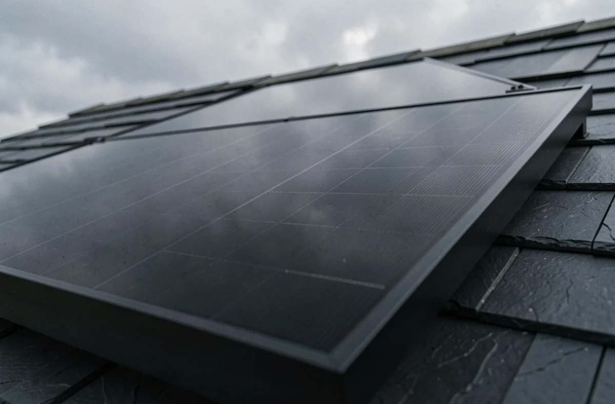 Gros plan sur la surface noire uniforme d'un panneau solaire full black monocristallin intégré sur une toiture en ardoise