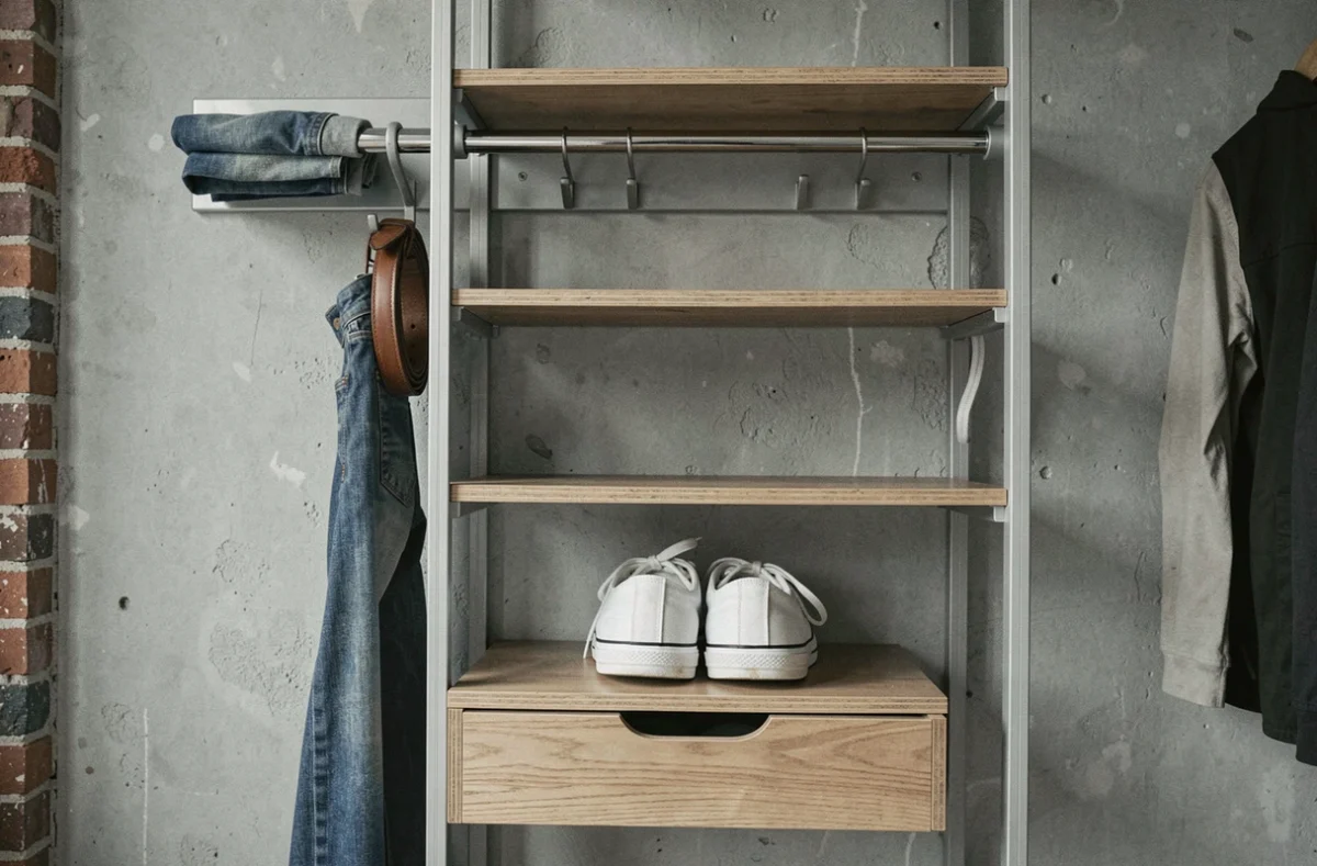 Détail d'un système de penderie ouvert avec barre chromée, étagères en bois et tiroirs, monté sur un mur en béton gris dans un appartement style loft
