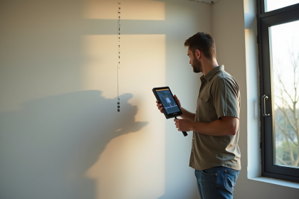 Professionnel utilisant un détecteur mural sur un mur peint
