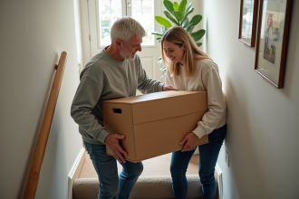 Un couple d'adultes déplace un coffre en bois dans un intérieur
