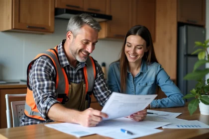 Homme menuisier discutant devis avec couple dans cuisine